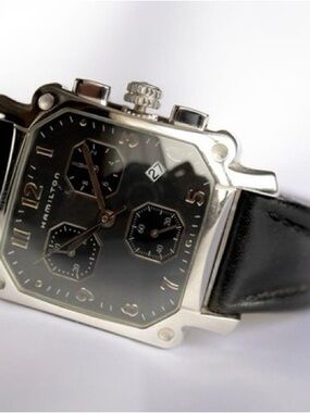 Hamilton Black Dial Stainless Steel Square Chronograph with Black Leather Strap